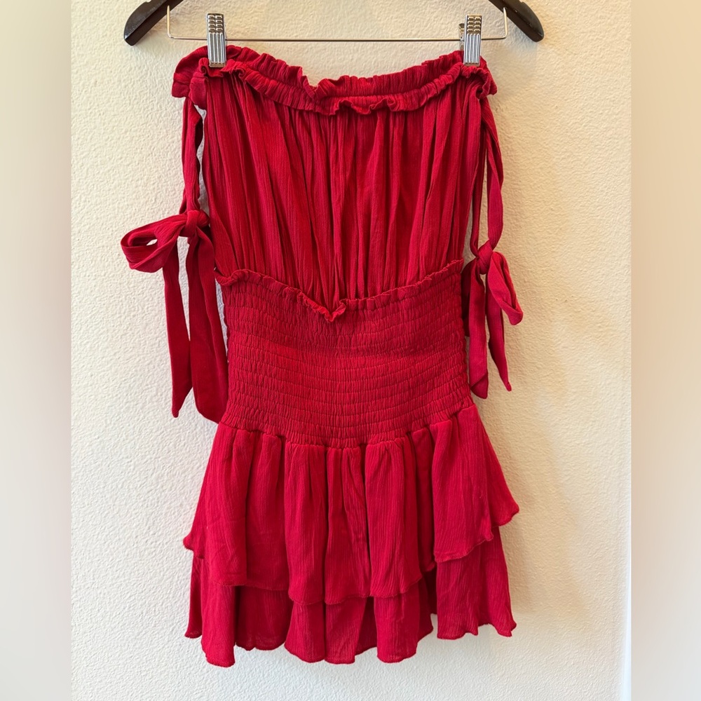 Olivaceous Red Ruffled Off-Shoulder Dress